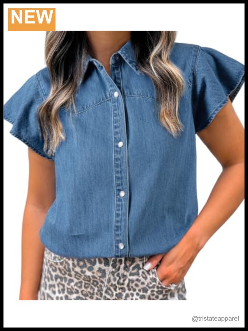 Women Ruffle Short Sleeve Button Down Denim Tunic Shirt Cotton